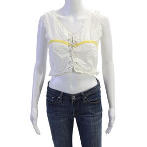 Gimaguas Women Cropped Bohemian White Lace-Up V-Neck Cotton Tank Size S